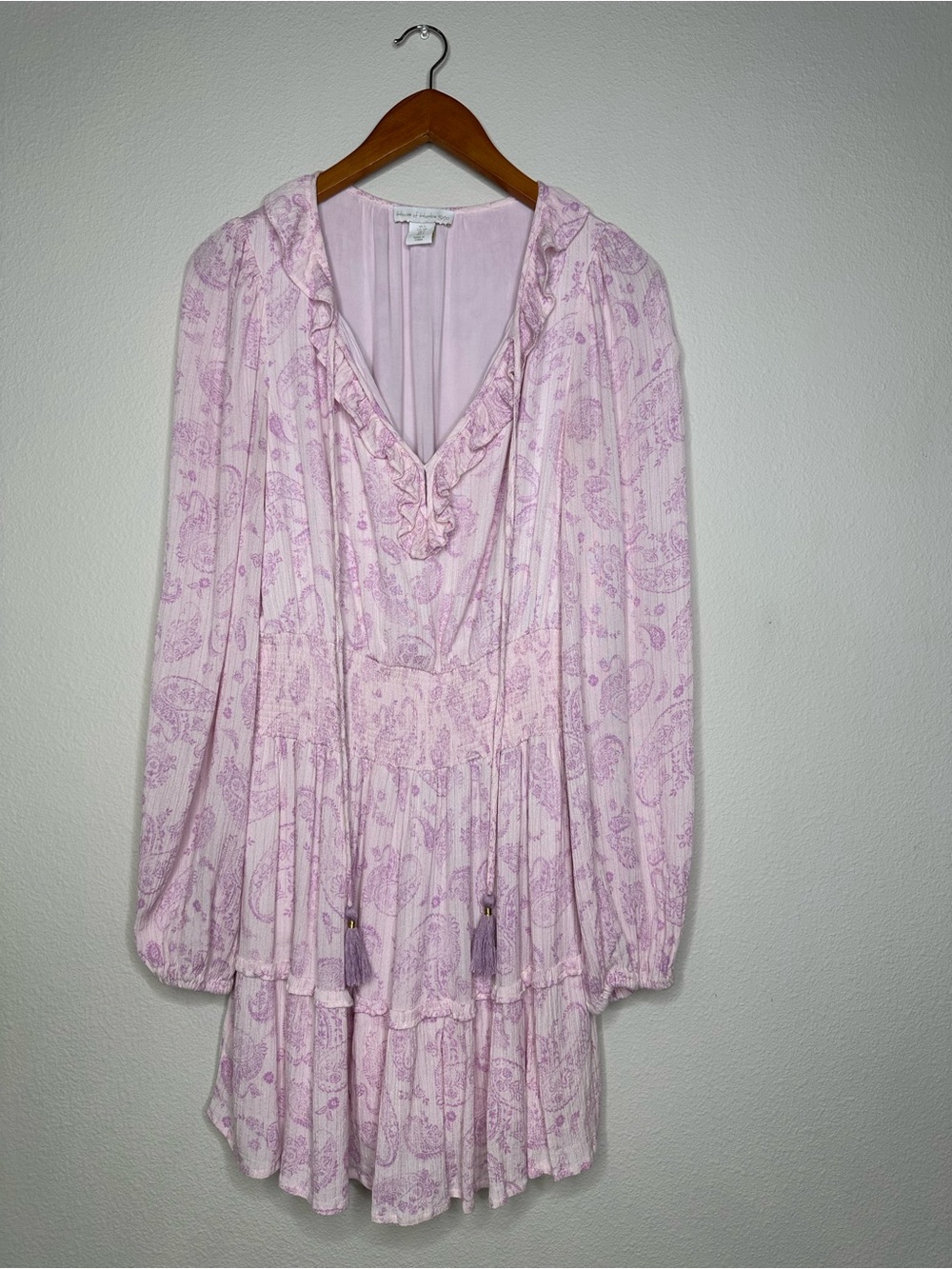 House of Harlow 1960 Boho Paisley Smocked Mini Dress S Lilac Puff Sleeve - Picture 4 of 14